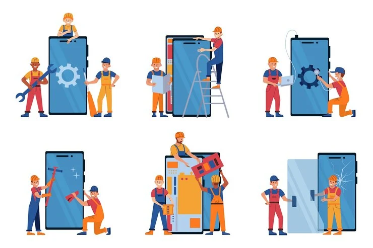 WordPress Maintenance & Management Service Packages by WPFixture Cartoon workers performing maintenance on oversized smartphones.