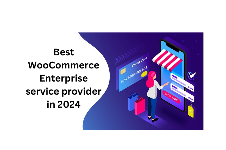 Illustration of a person shopping online using a mobile device, with text 'Best WooCommerce Enterprise service provider in 2024