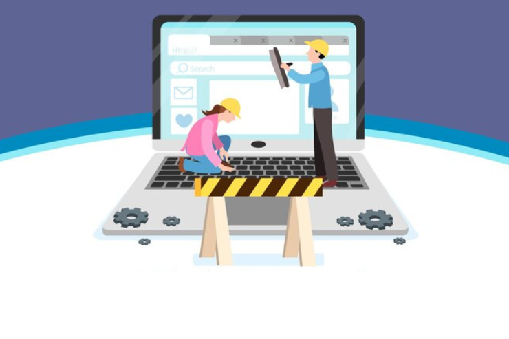 Animated maintenance crew working on a laptop, symbolizing dedicated WordPress support