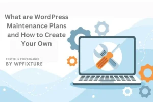 Laptop with tools and gears representing WordPress Maintenance Plans by WPFIXTURE.