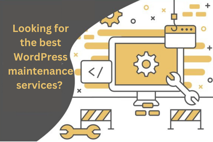 Computer monitor with cogwheel and wrench, representing WordPress maintenance services, flanked by web development icons.