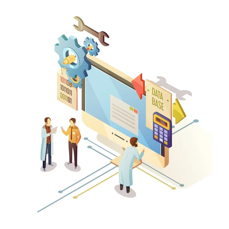 Isometric illustration of three individuals working on WordPress Maintenance with tools and database icon.