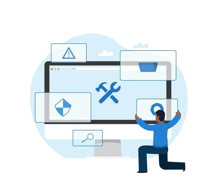 Illustration of a person engaging with maintenance icons on various devices, representing WordPress maintenance services.