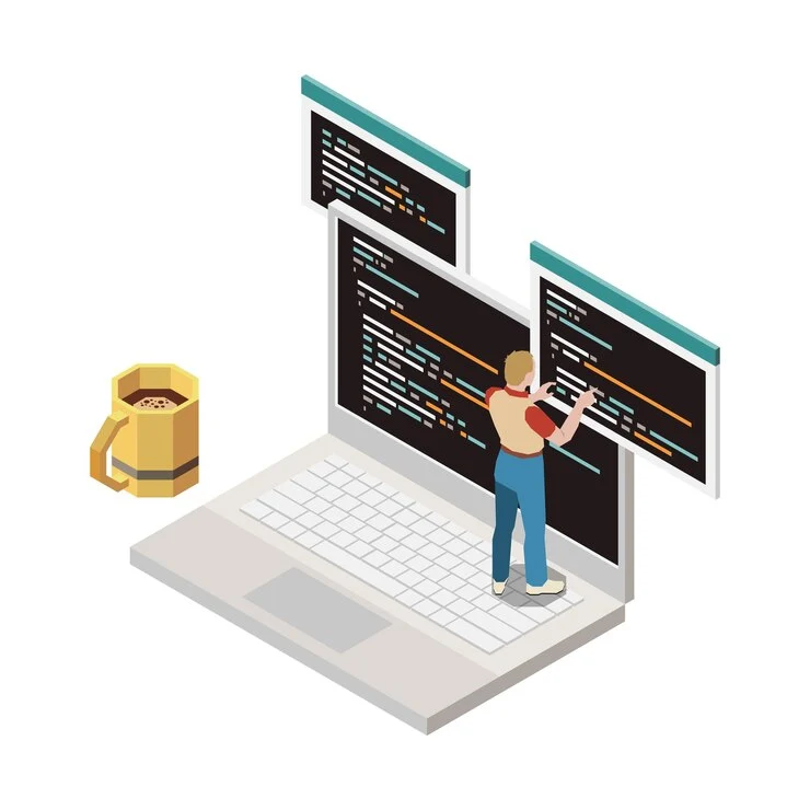 Isometric illustration of a person with a guitar on their back working on two large computer monitors above an oversized keyboard, with a cup of coffee to the side, representing WordPress Maintenance.